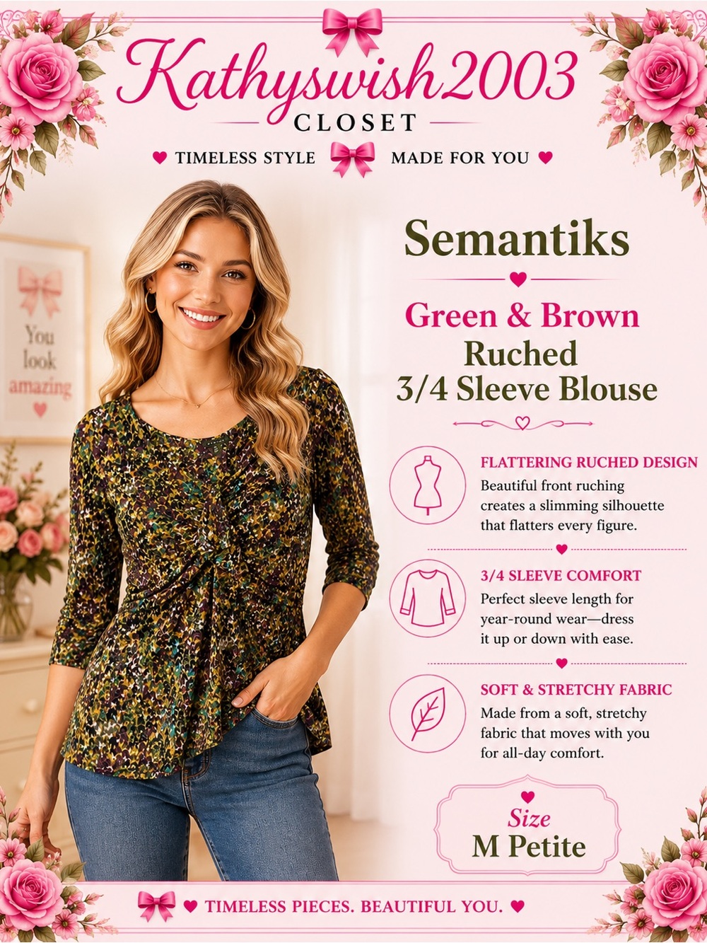 Semantiks Green and Brown Ruched 3/4 Sleeve Blouse